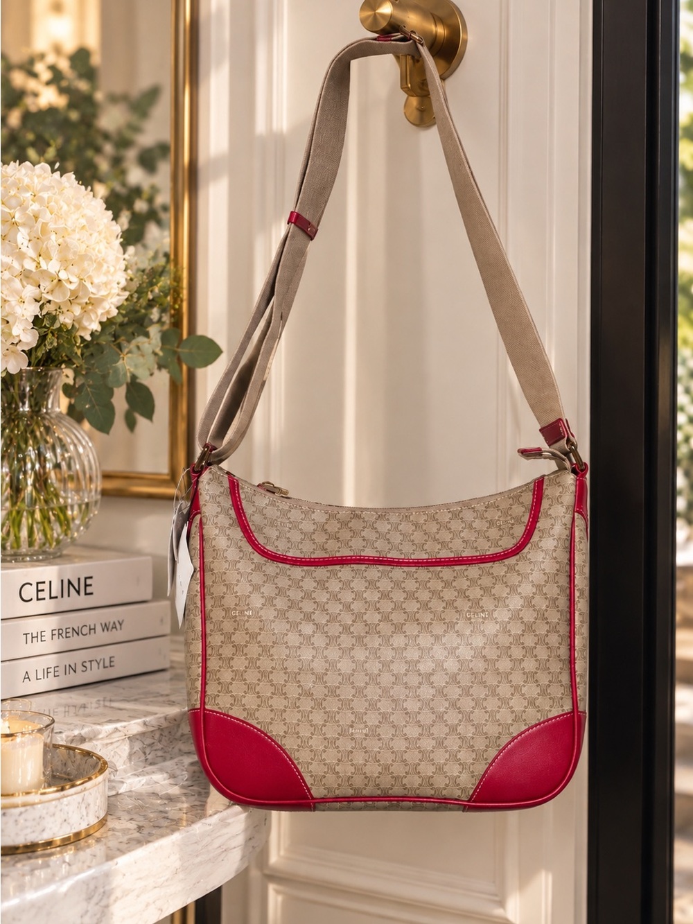 NWT Vintage | Celine Macadam Shoulder & Crossbody Bag Kaki, Beige & Red | Italy